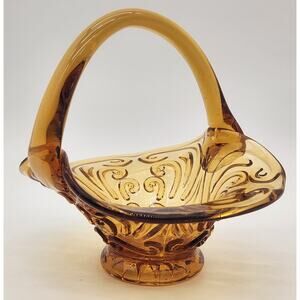Imperial‎ Glass Scroll Amber Basket Handle Base Star Burst Pattern Vintage Rare